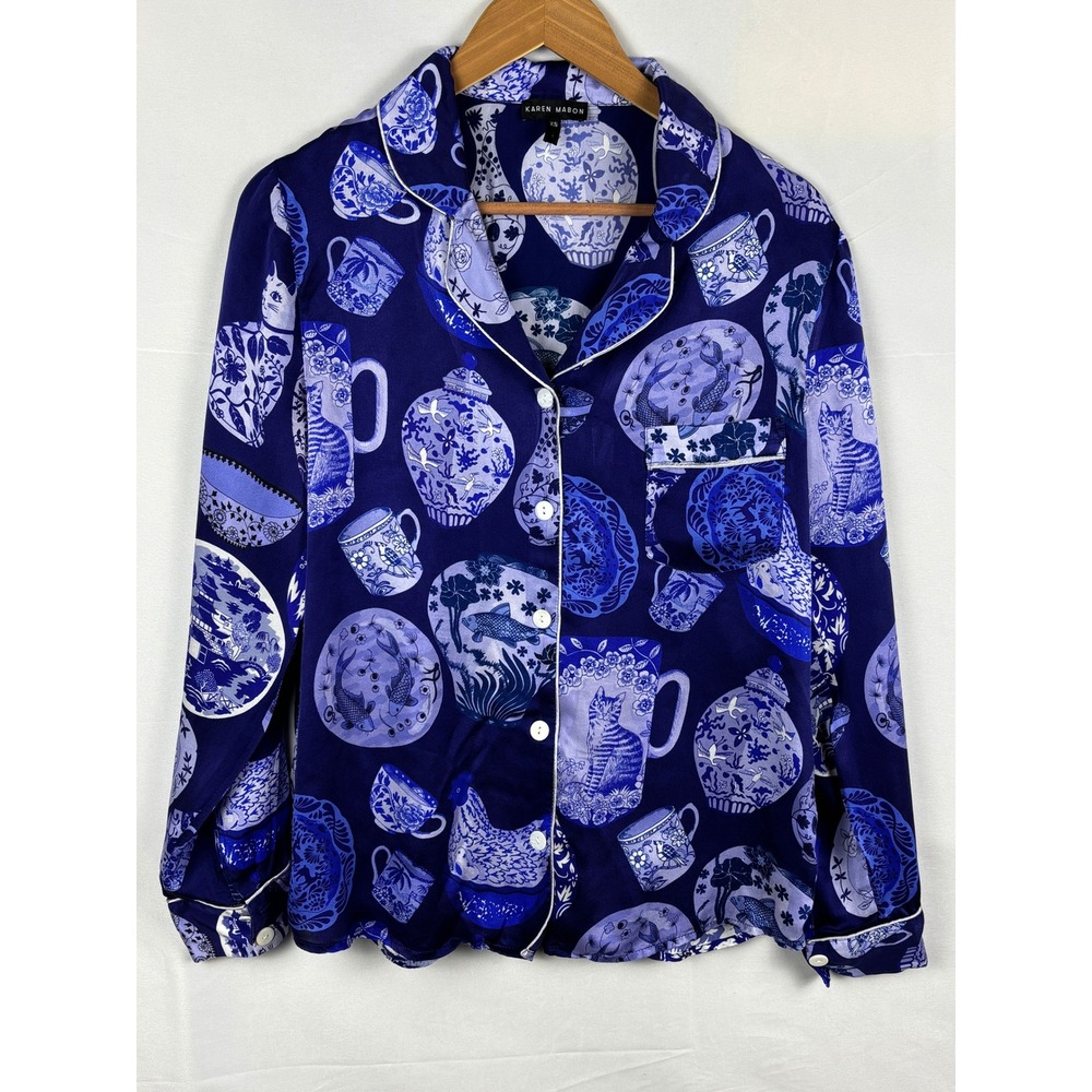 Karen Mabon Womens 100% Silk Pajama Top Shirt XS Blue Chinoiserie Ginger Jar Cat